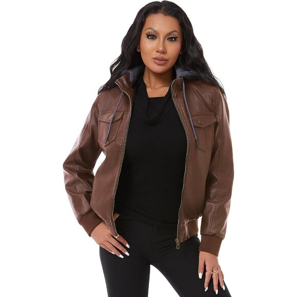 Women Camel Faux Leather Waterproof Motorcycle Bomber Biker Jacket - Picture 4 of 8